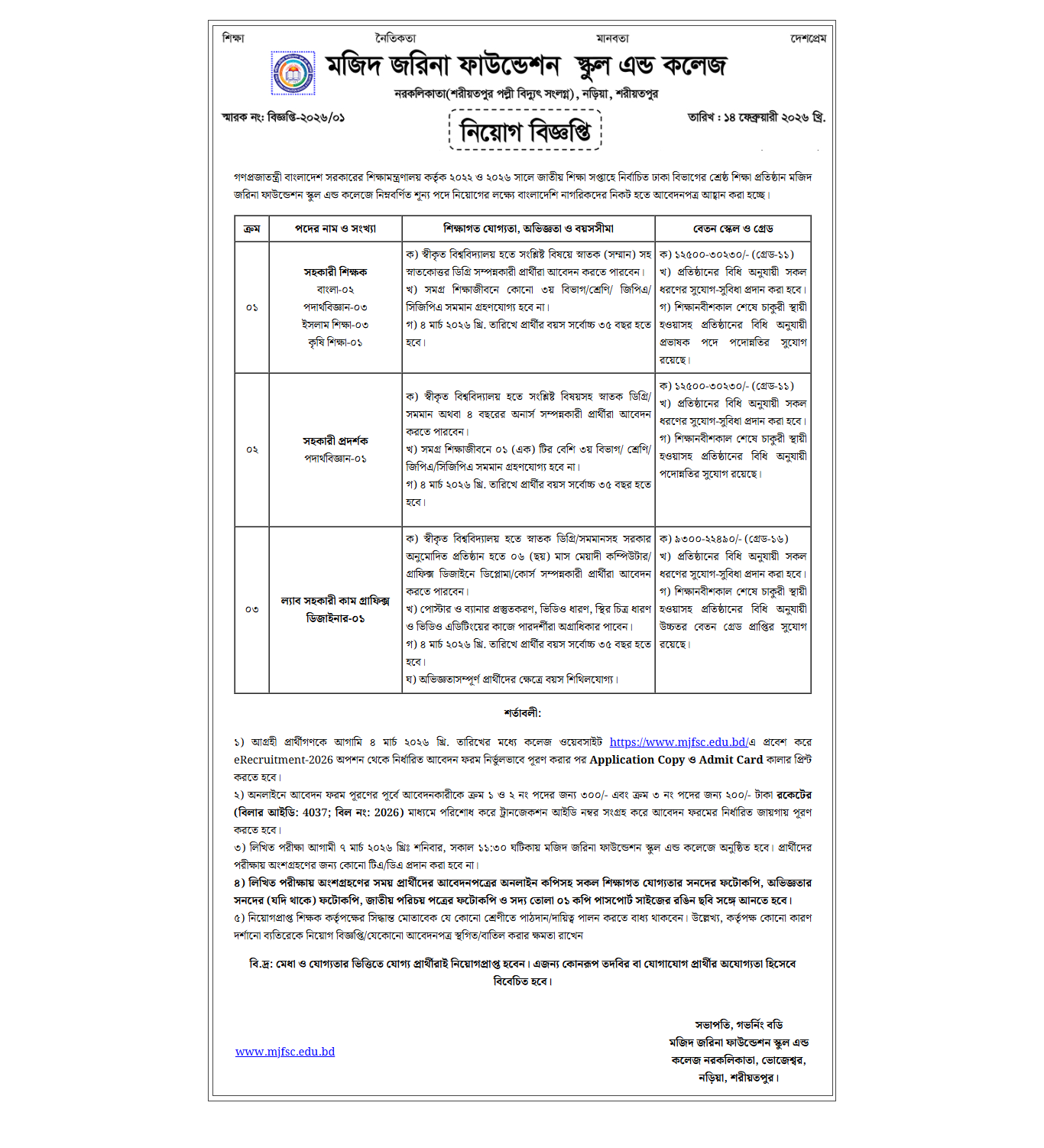 Mazid Jarina Foundation School & College Job circular 2026