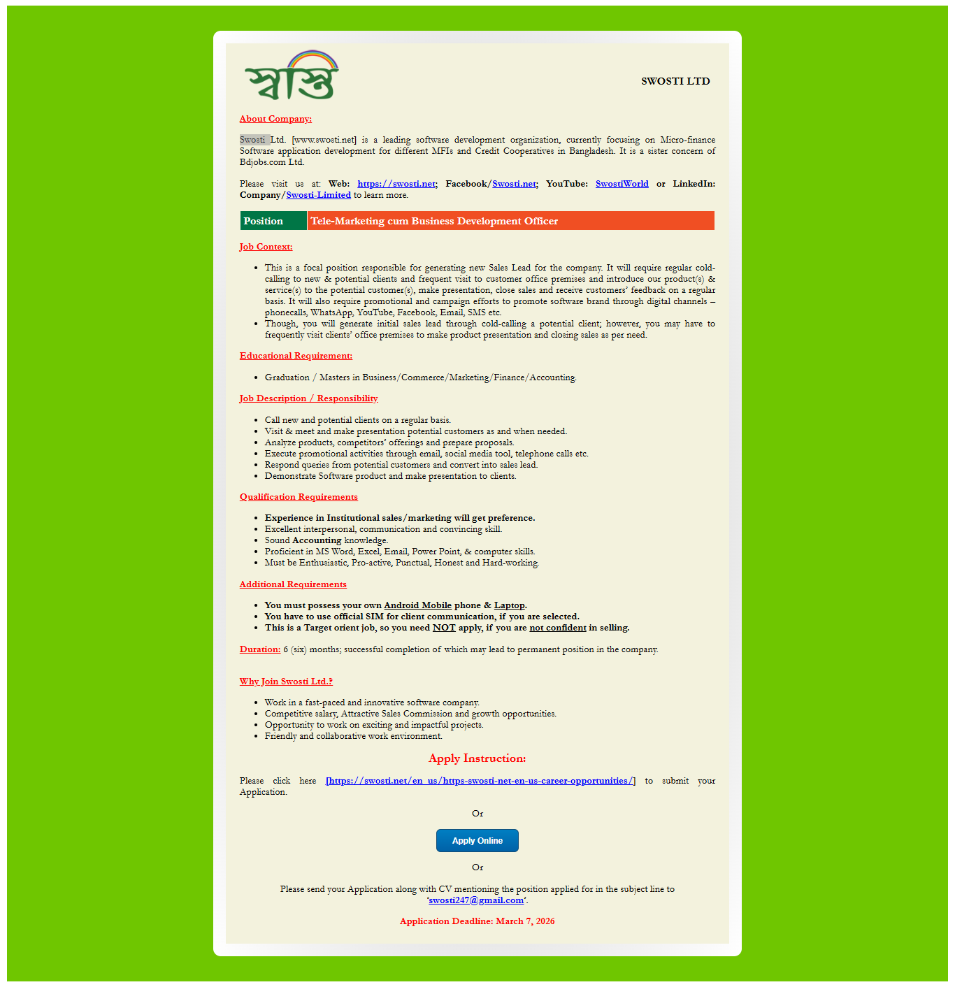 Swosti Limited Job circular 2026