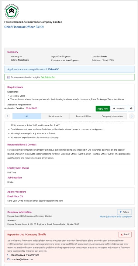 Fareast Islami Life Insurance Company Limited Job Circular 2025
